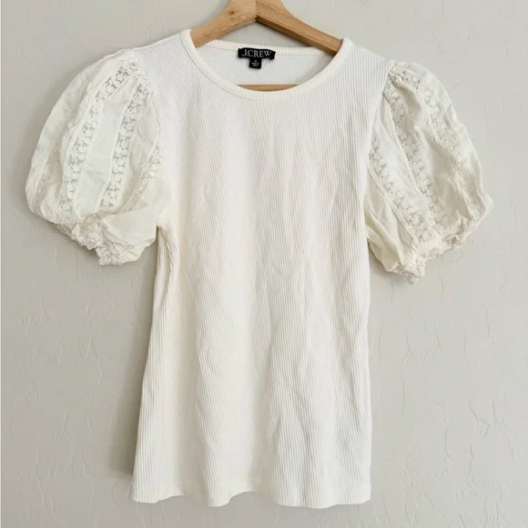 J. Crew Vintage Rib Top with Lace Sleeves Ivory Size Medium M - Picture 4 of 9